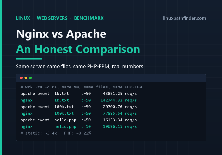 Nginx vs Apache benchmark results: requests per second for static files and PHP on the same server