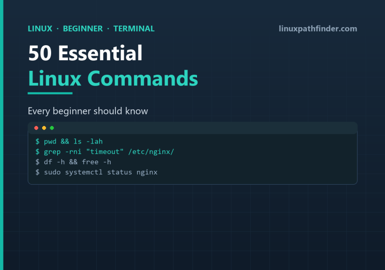 Terminal showing pwd, ls, grep, df, free and systemctl commands on Linux