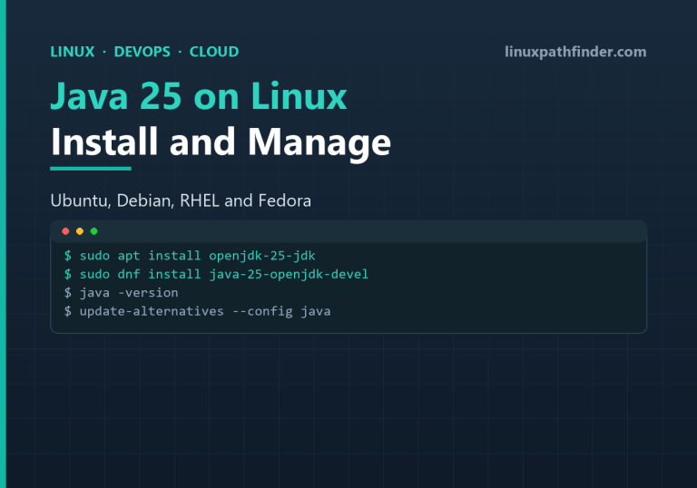 Terminal showing apt and dnf commands to install OpenJDK 25 on Linux, with java -version and update-alternatives