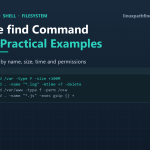 Terminal showing find commands searching by size, modification time and permissions on Linux