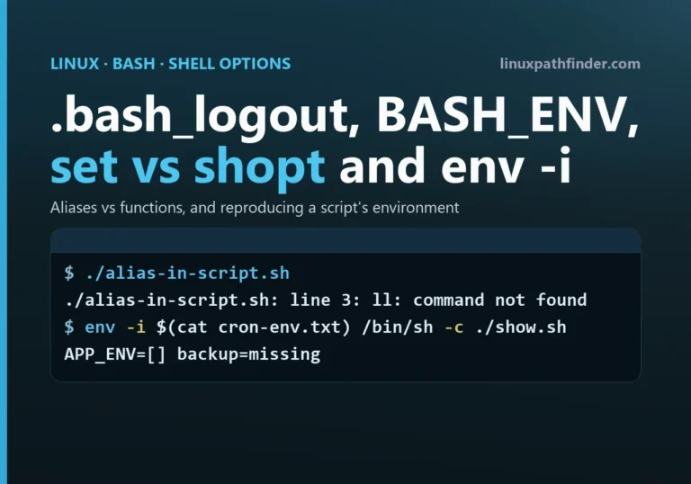 Terminal showing an alias failing in a script with ll: command not found, and env -i reproducing a cron environment for BASH_ENV