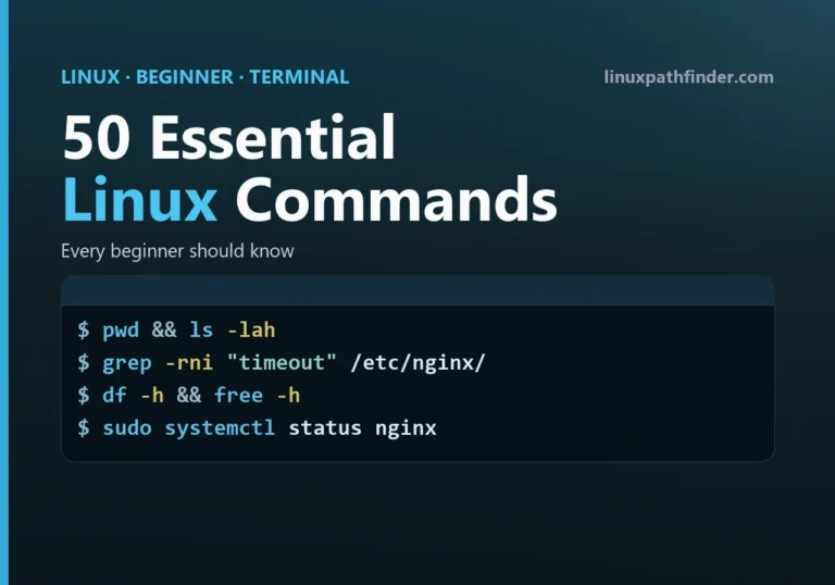 Terminal showing pwd, ls, grep, df, free and systemctl commands on Linux