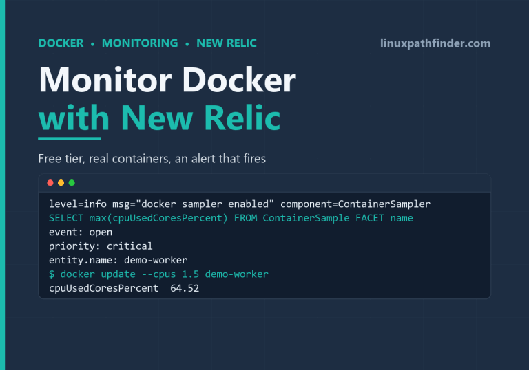 New Relic Docker monitoring: docker sampler enabled, NRQL alert on cpuUsedCoresPercent opening for demo-worker, fixed with docker update